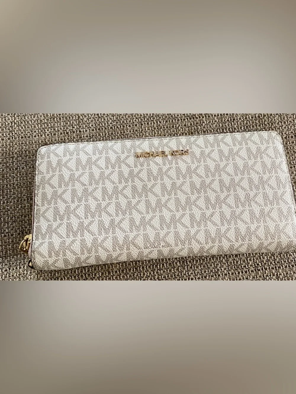 Michael Kors Cream, Pink, & Tan Monogram Zip Wallet
